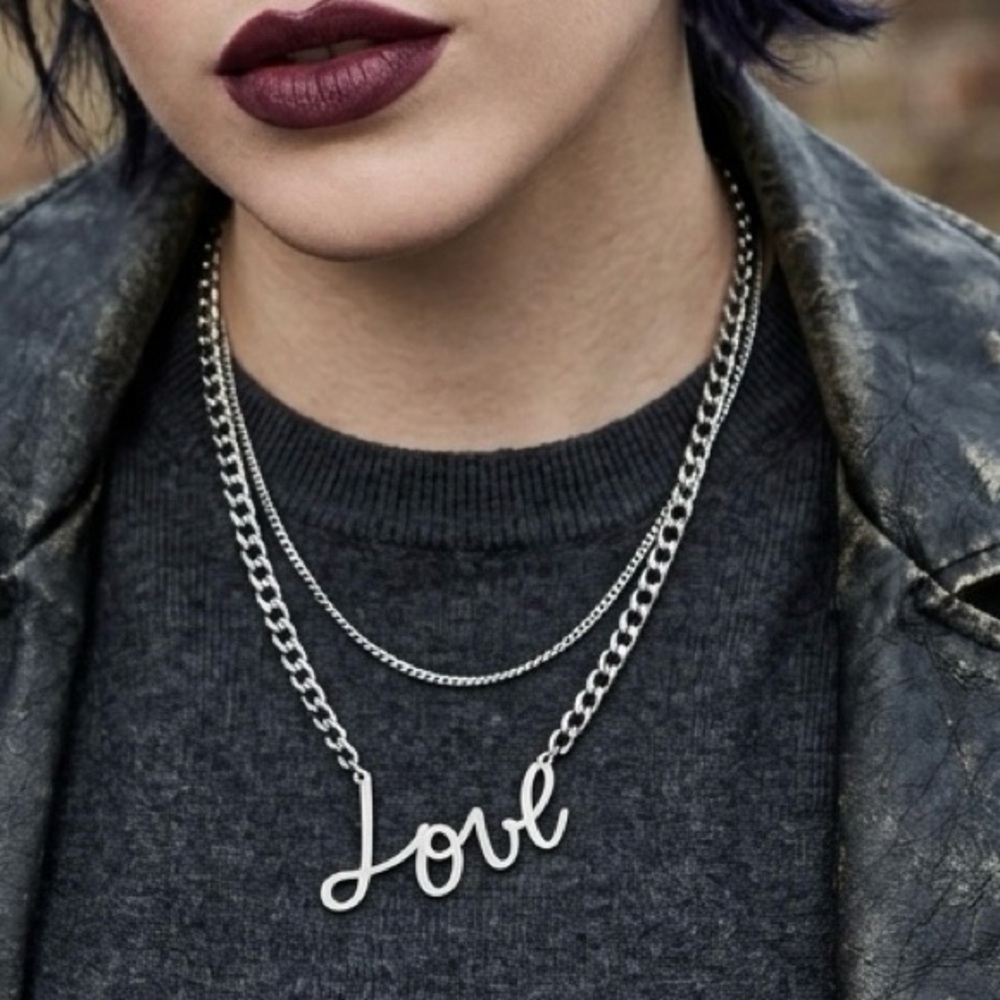Silver 'Love' Script Double-Layer Necklace - Women Jewelry